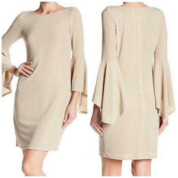 ELIZA J Women’s Beige Sequins Bell Sleeve Sheath Cocktail Dress Sz 6 Knee Length - Picture 1 of 14